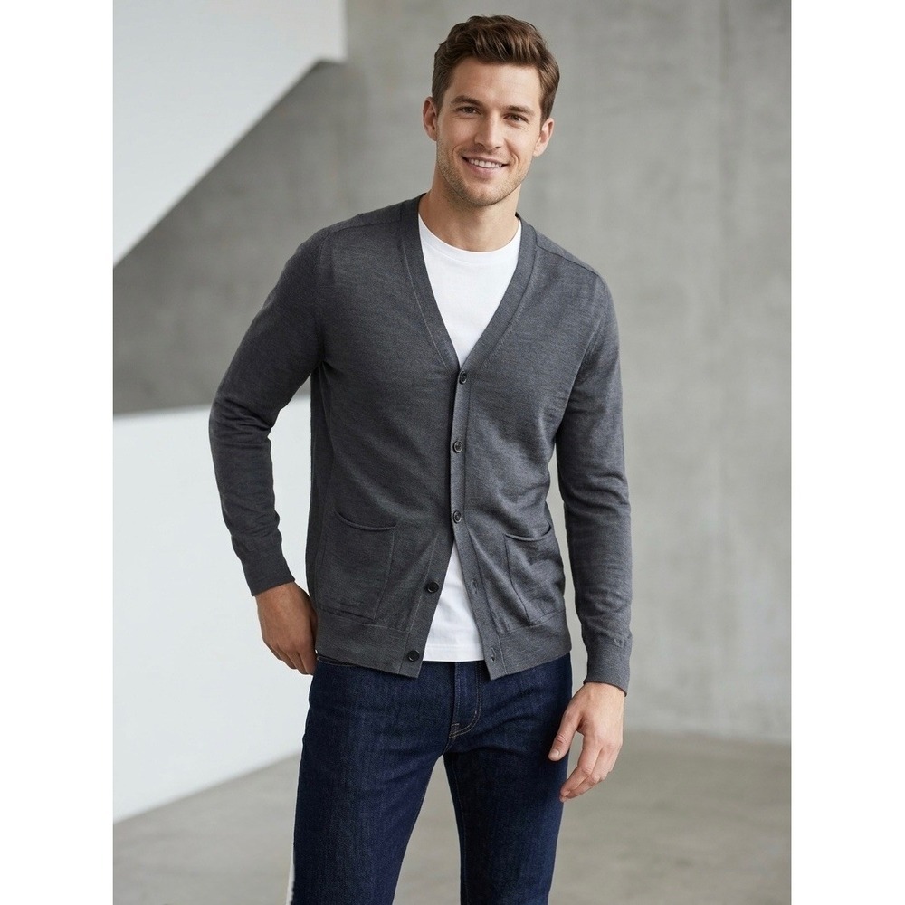 Uniqlo +J Jil Sander Mens 100% Wool Cardigan Sweater Charcoal Grey Large